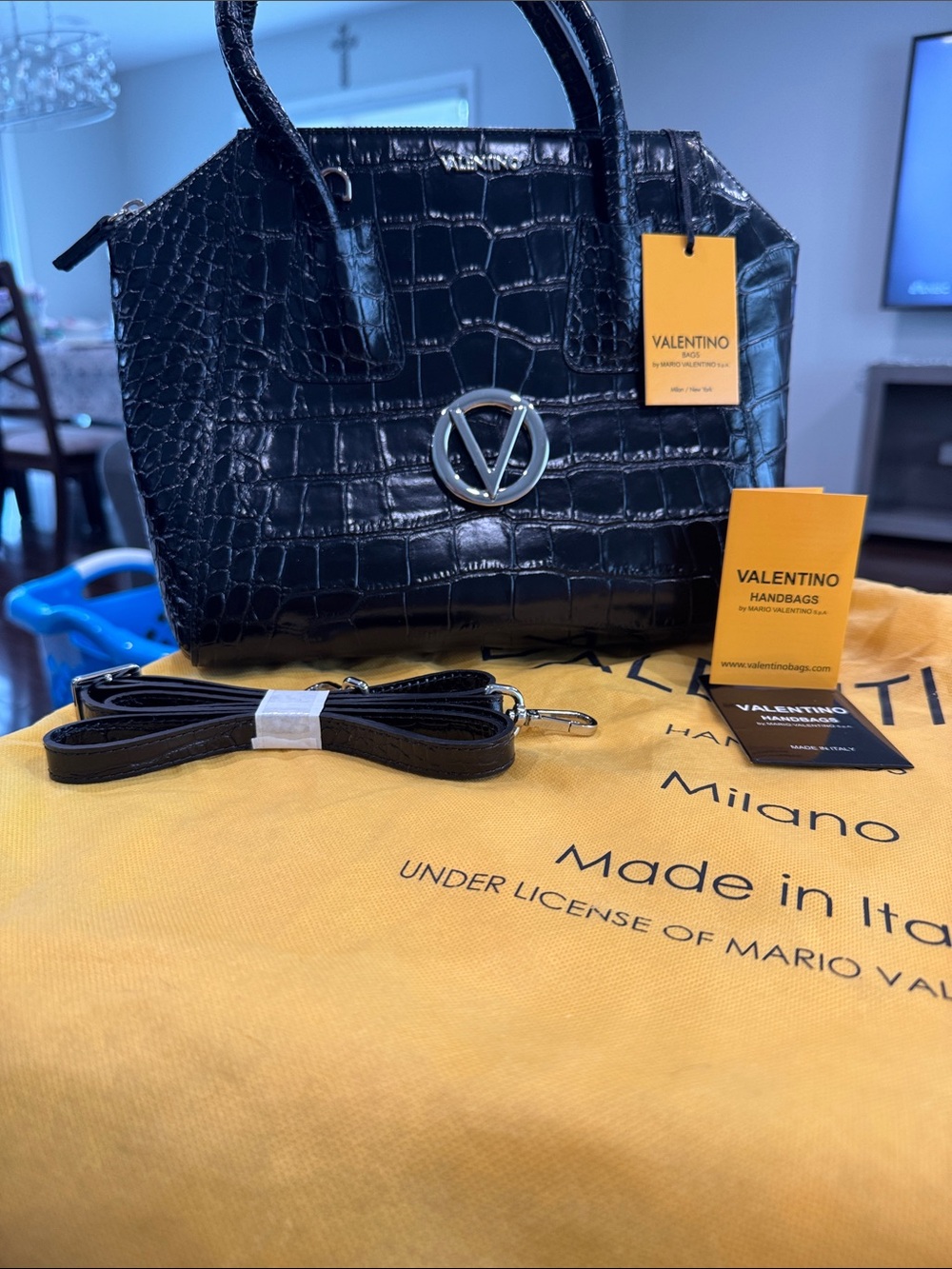 Valentino Black Croc-Embossed Top-Handle Satchel with V Logo - Picture 2 of 6